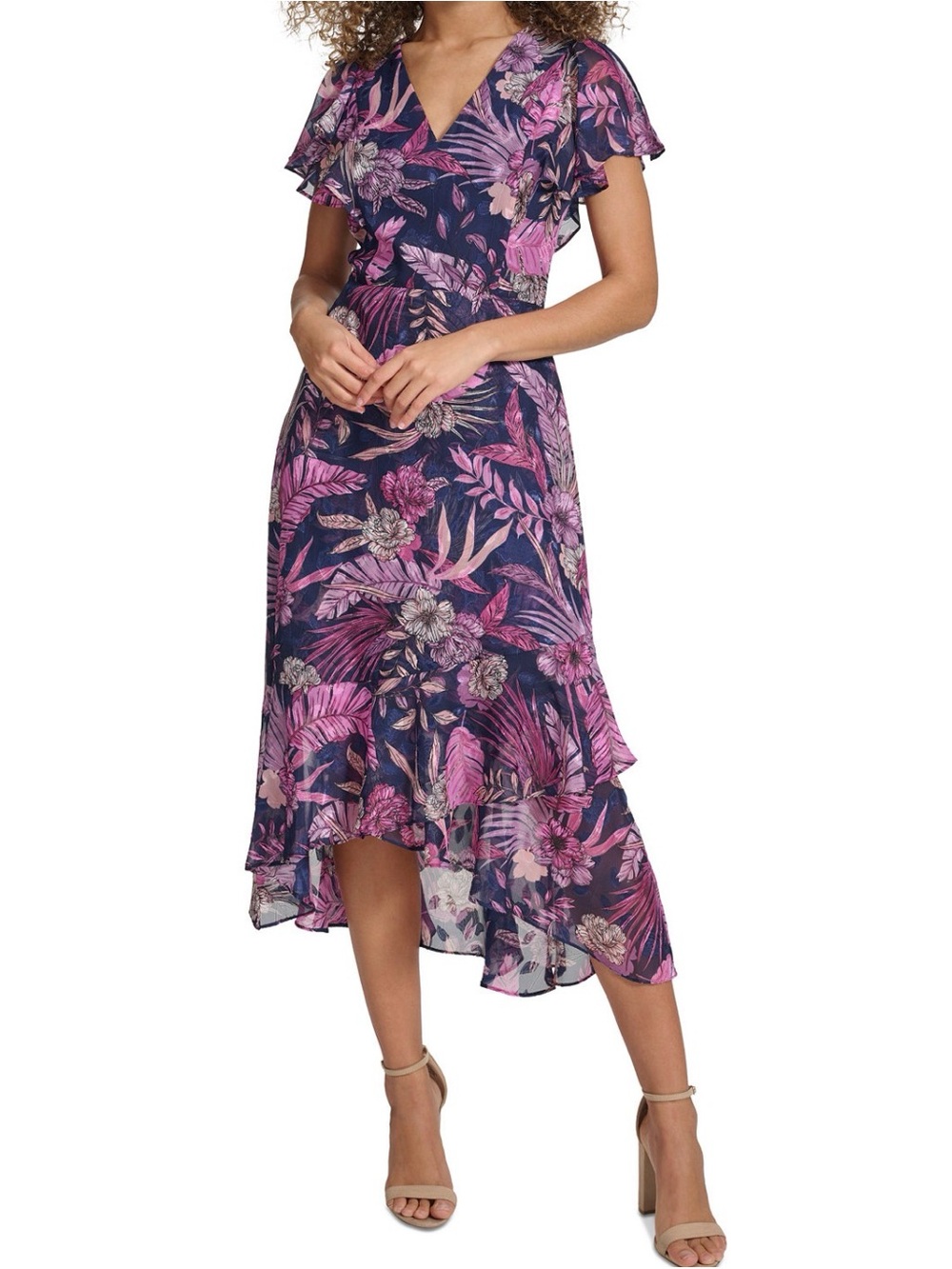Kensie Navy and Pink Floral High-Low Dress